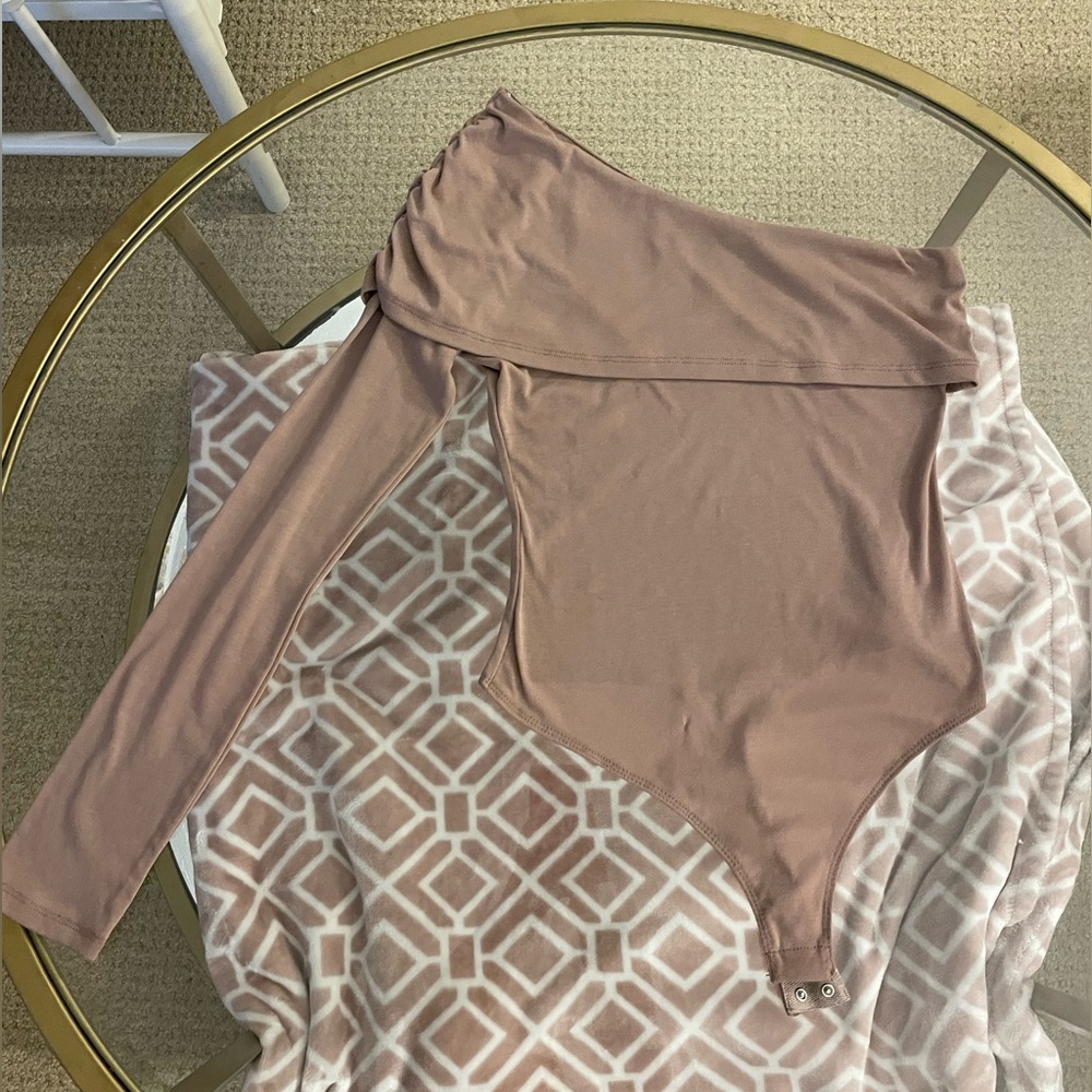 Tan one shoulder bodysuit